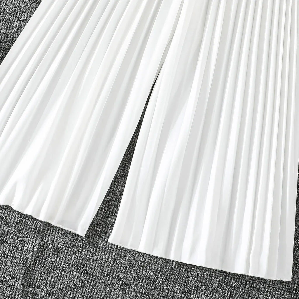 Girls White Sleeveless Blazer Top With Pleated Flared Pant Co-ord Sets Sets