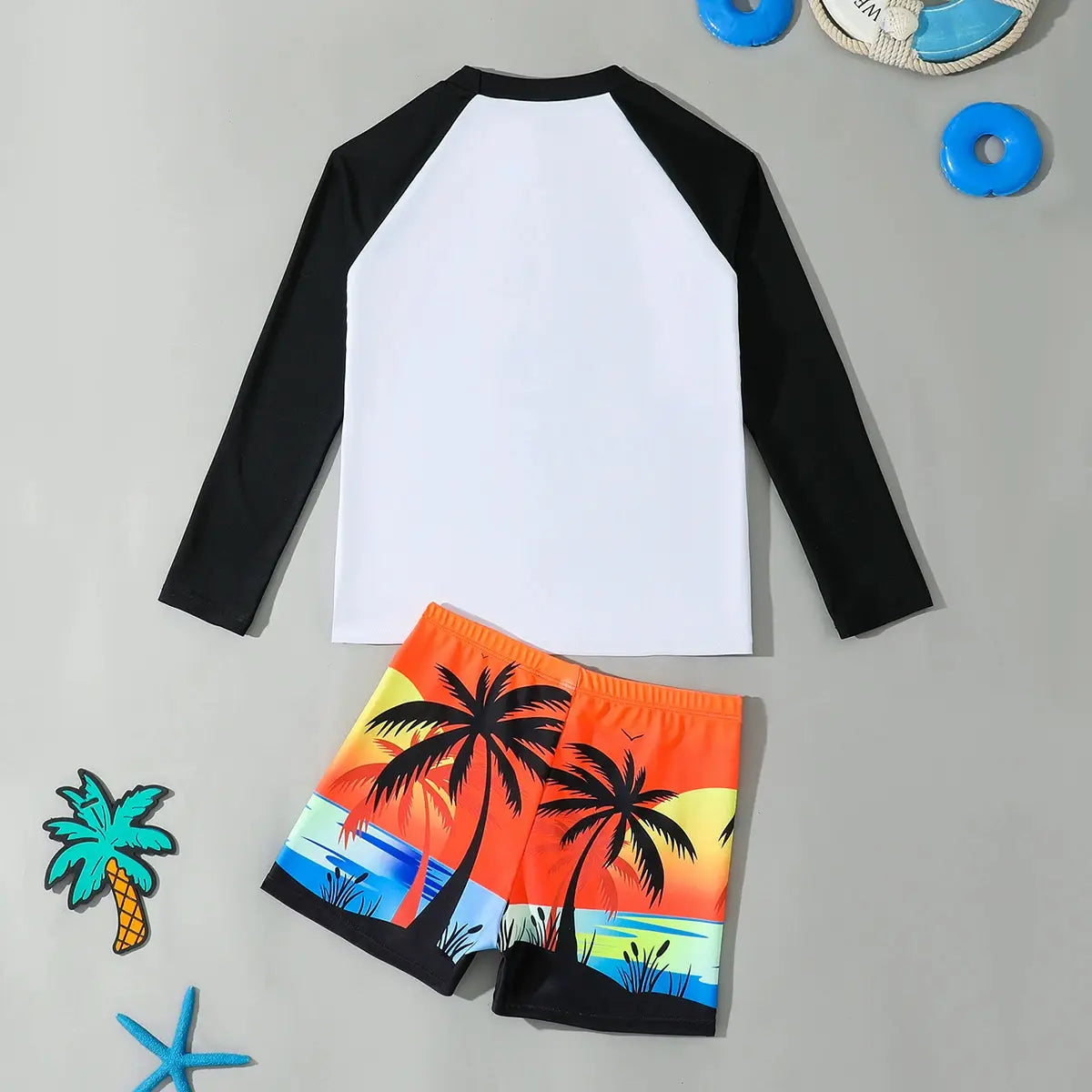 Boys Black Tropical Printed Long Sleeves T-Shirt & Shorts Swimsuit Sets Sets