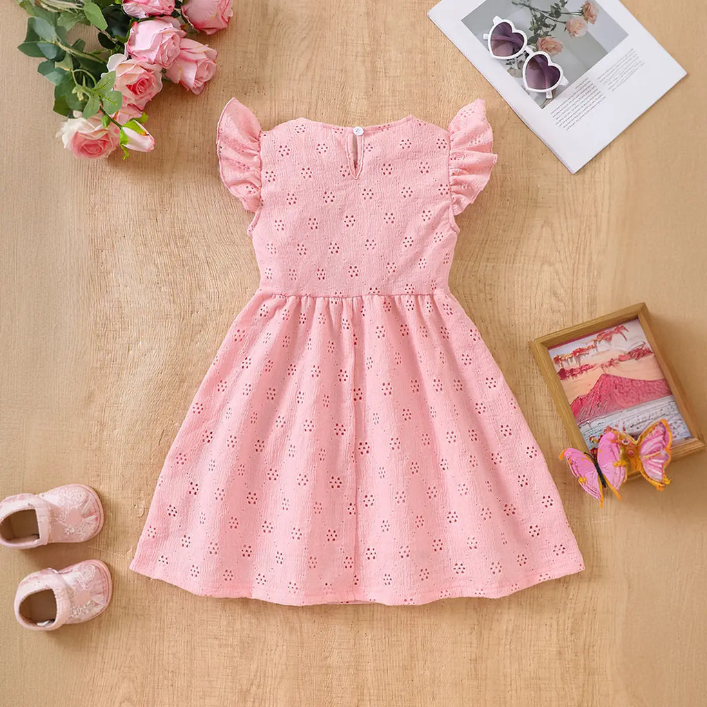 Girls Pink Schiffli Embroidered Fit & Flare Dress with Flutter Sleeves Casual Dresses