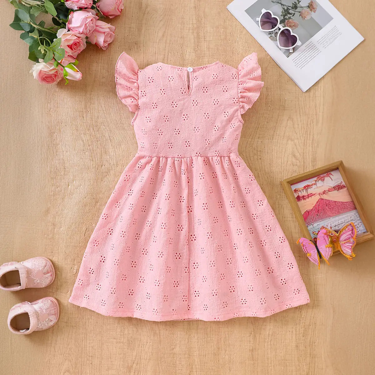 Girls Pink Schiffli Embroidered Fit & Flare Dress with Flutter Sleeves Casual Dresses