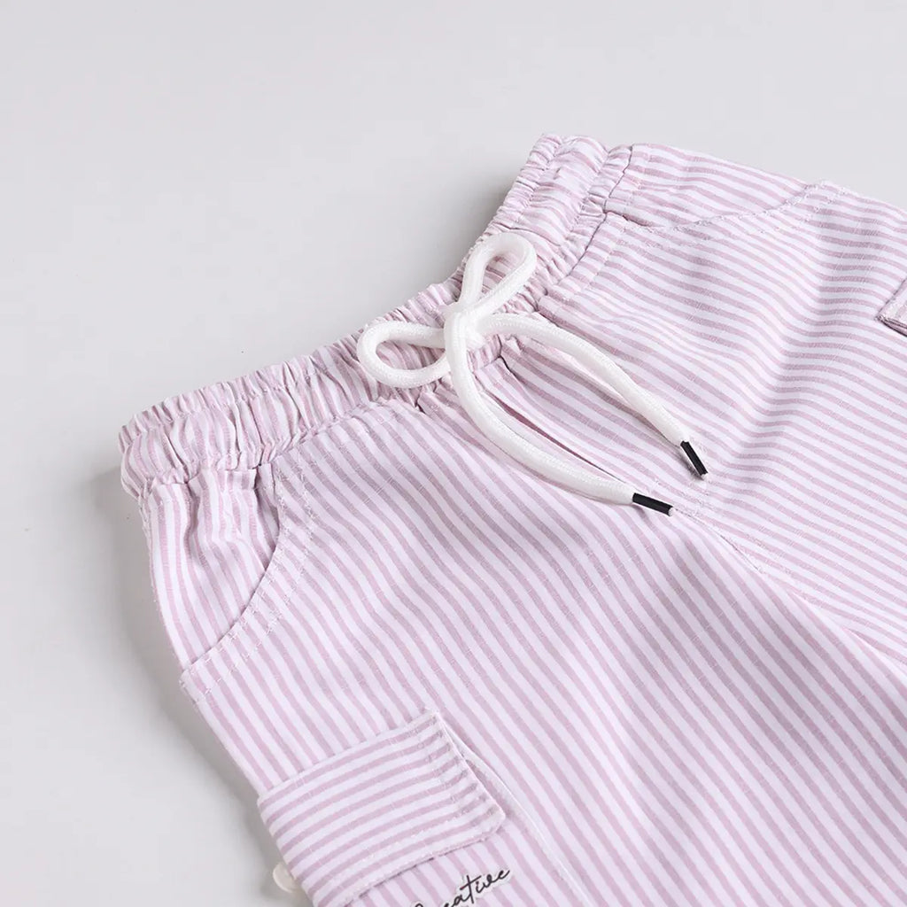 Boys Pink Stripes Short Sleeves Shirt With Printed T-Shirt & Shorts Sets Sets