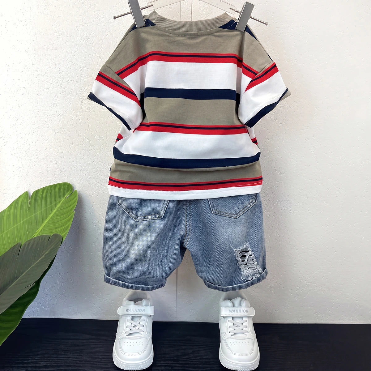 Boys Multicolour Striped Short Sleeve T-Shirt With Denim Shorts Sets 2 pc. Sets