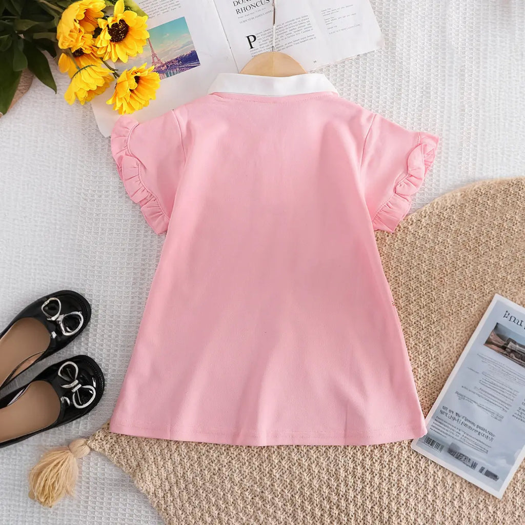 Girls Pink Graphics Short Sleeves T-Shirt Dress With Polo Collar Casual Dresses