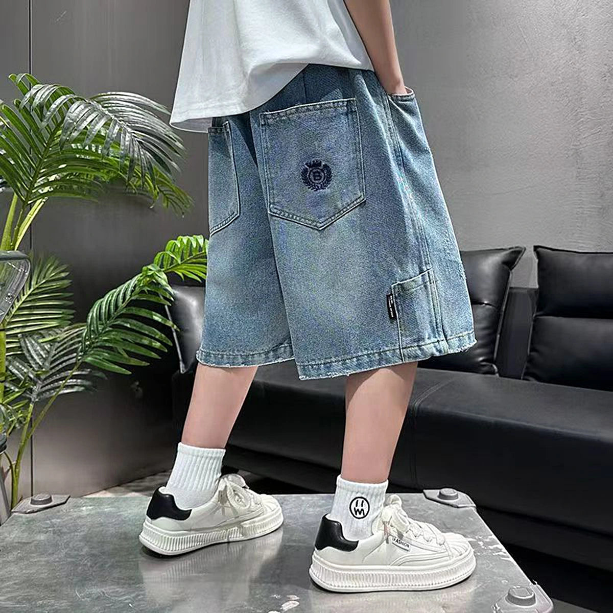Boys Light Blue Embroidered Denim Shorts Shorts