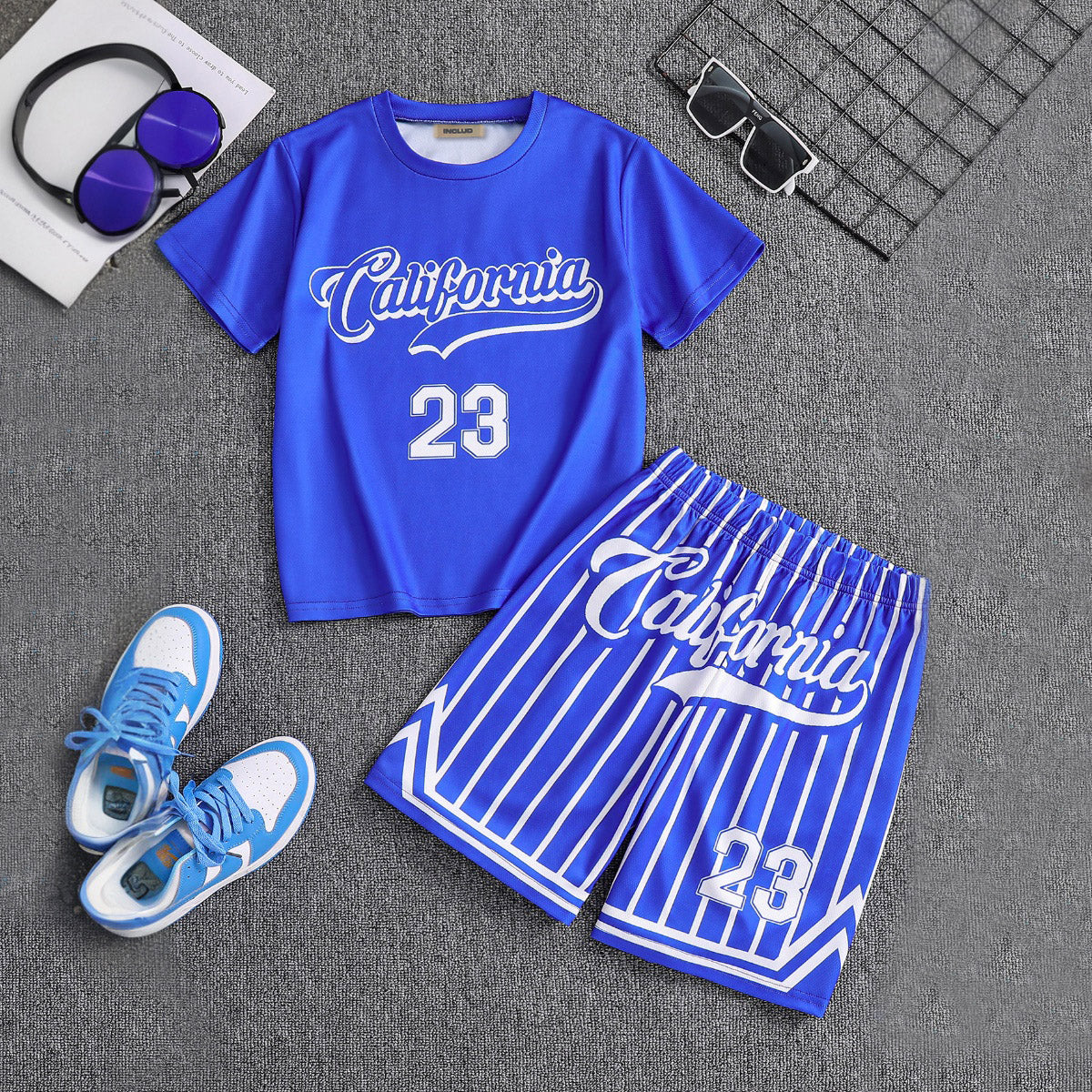 Boys Blue Alphanumeric Printed Short Sleeve T-Shirt With Shorts Set 2 pc. Sets Blue 7-8 Y