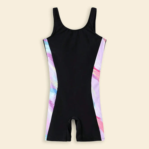 Girls Black Abstract Printed Sleeveless Swimwear Bodysuit Beachwear