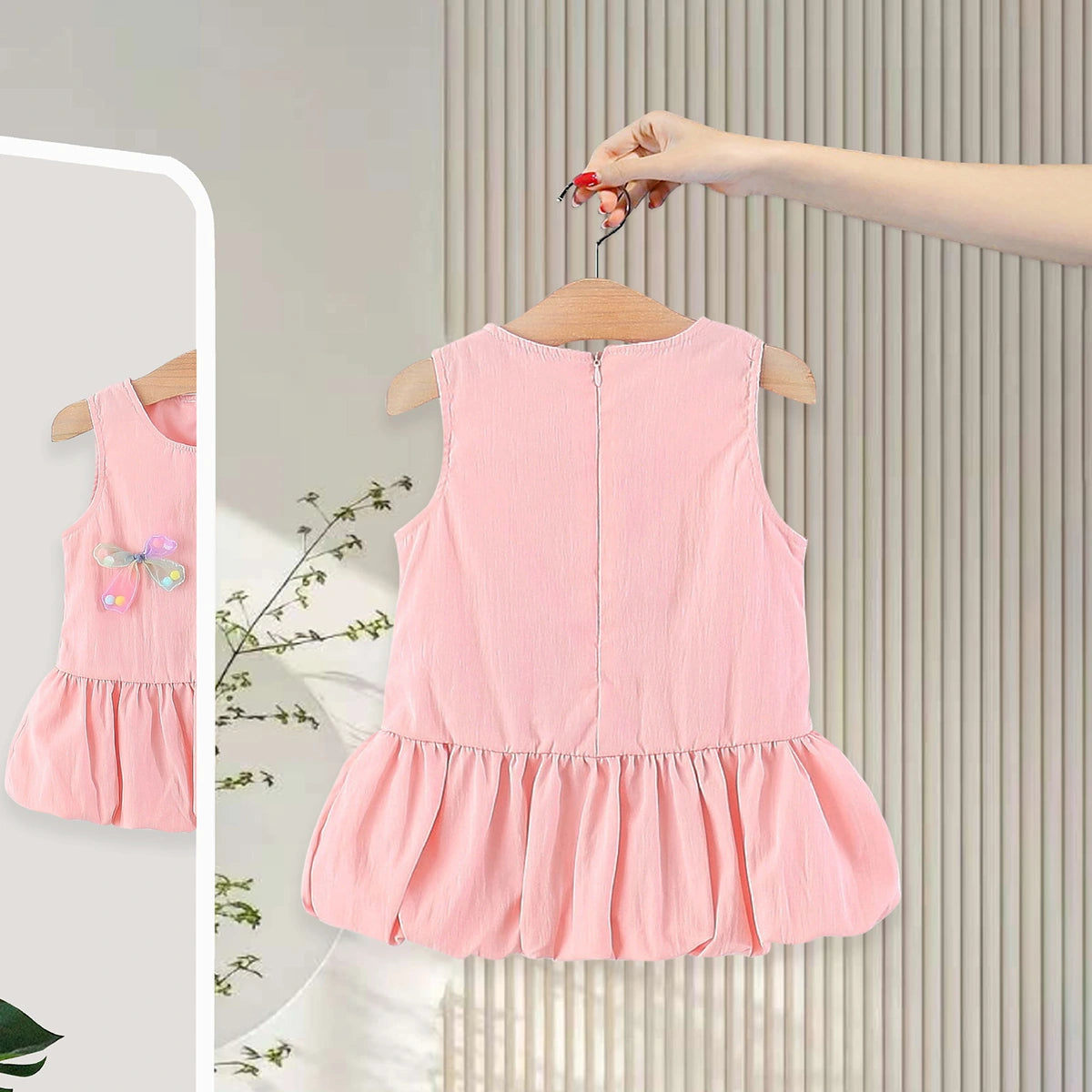 Girls Pink Butterfly Applique Balloon Dress Casual Dresses