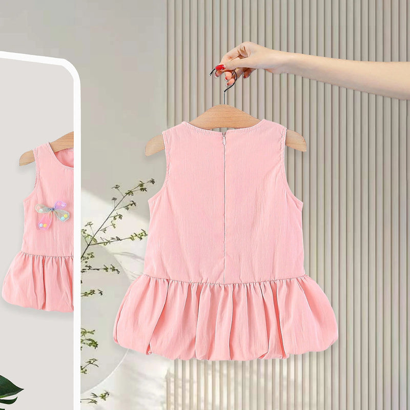 Girls Pink Butterfly Applique Balloon Dress Casual Dresses