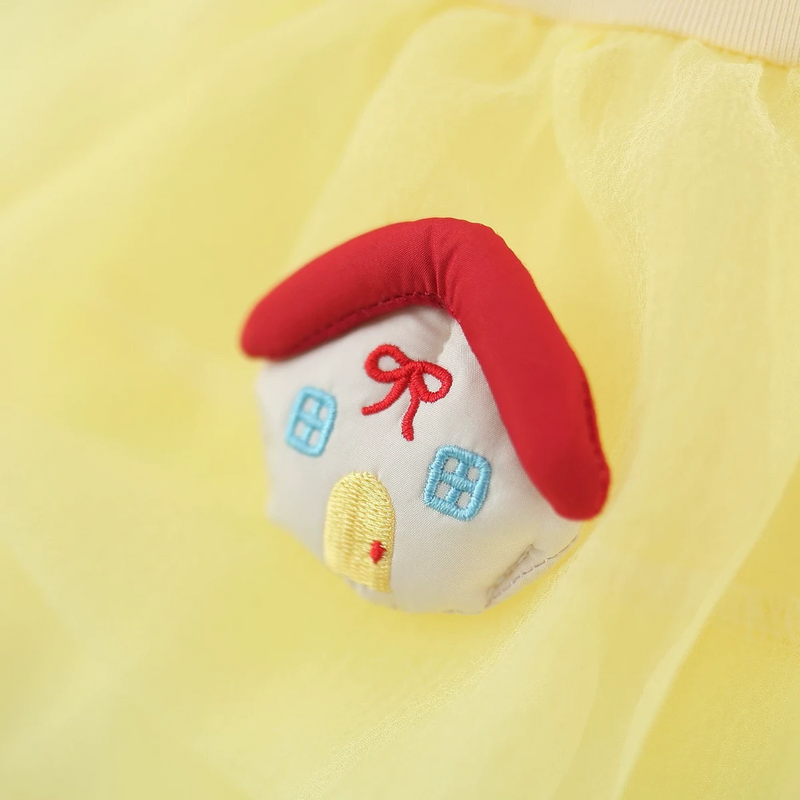 Girls Yellow House Applique Fit & Flare Dress With Bubble Hem Casual Dresses