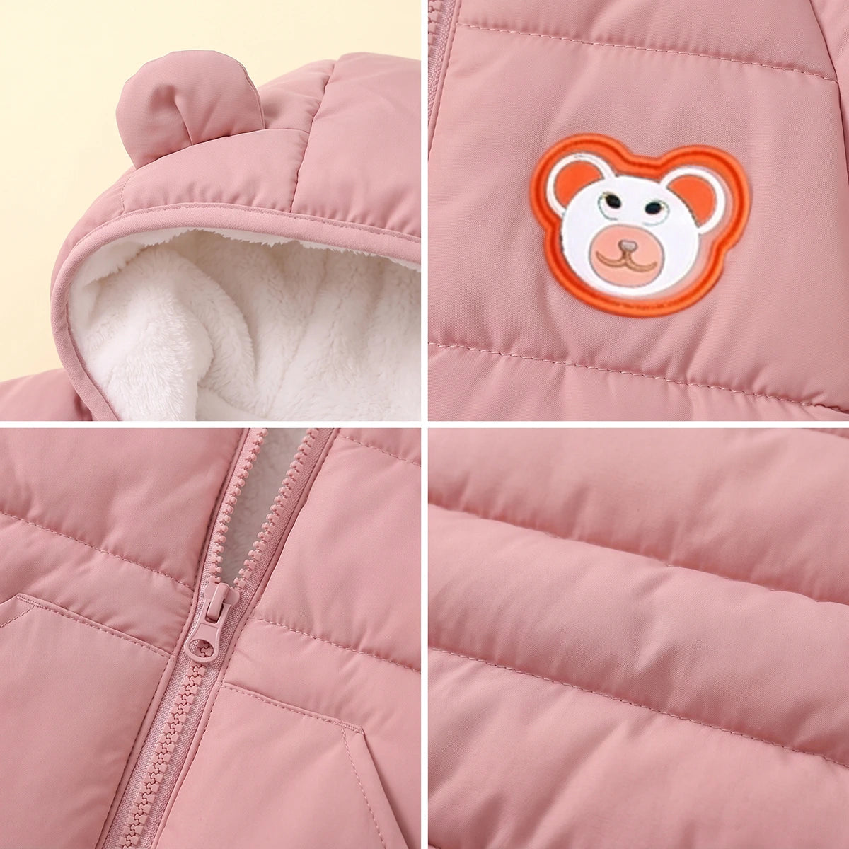 Girls Pink Bear Ear On Hood Quilted Zip-up Jacket Coats & Jackets
