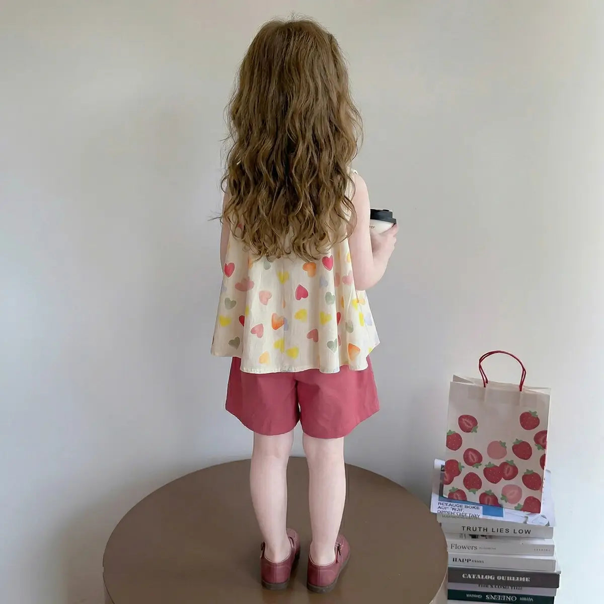 Girls Pink Heart Print Button-Down Top With Shorts Sets Sets
