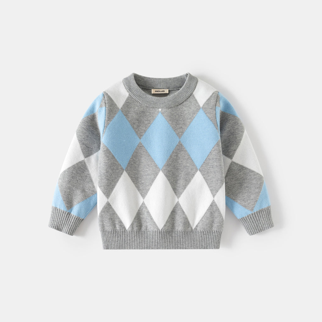 Boys Multicolor Regular Sweater With Self-Design Diamond Patterns Sweaters & Cardigans