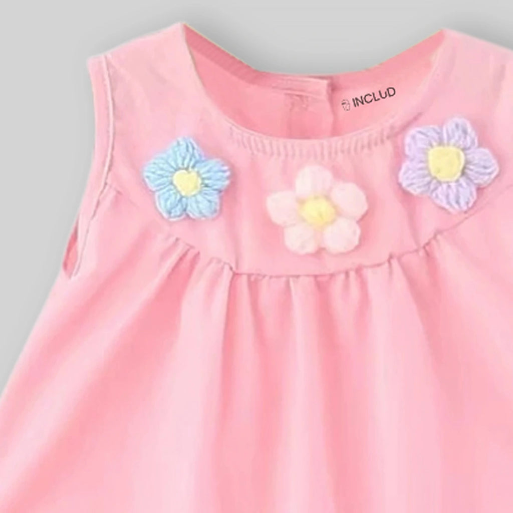 Girls Pink Floral Applique Ruffle Hem A-Line Dress Casual Dresses