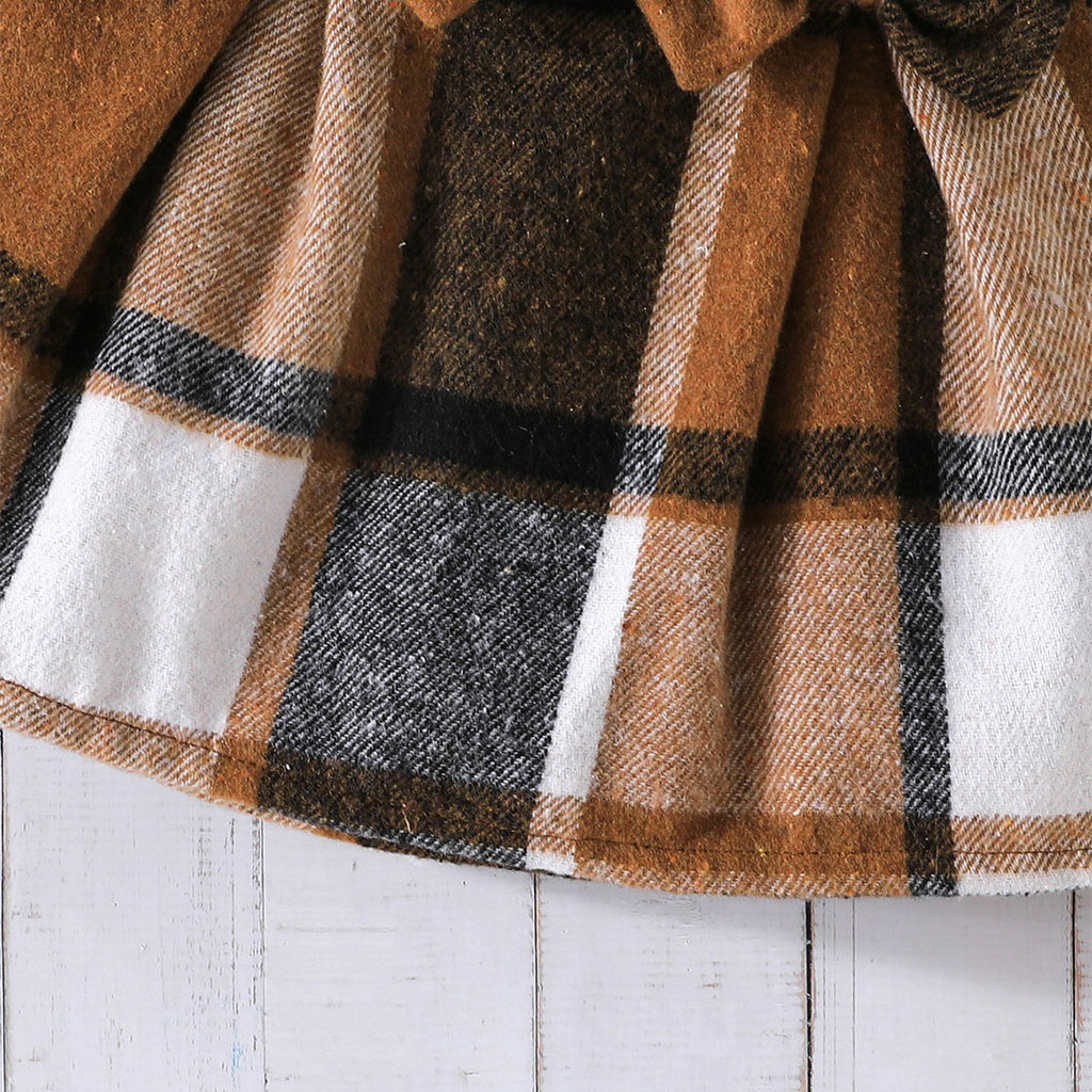 Girls Puff Sleeves Top With Brown Checked Skirt Set 2 pc. Sets