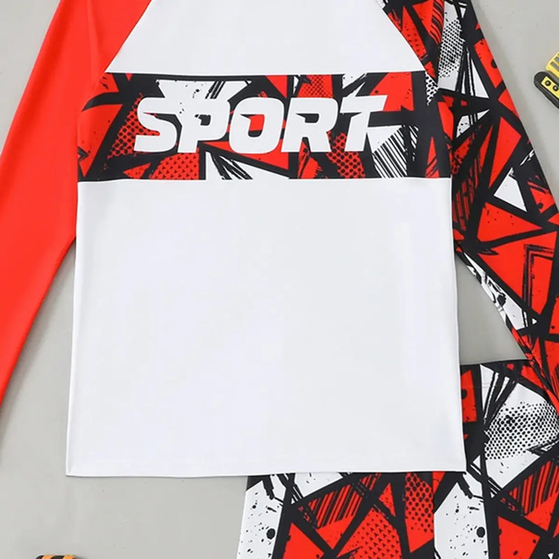 Boys Red Abstract Printed Long Sleeves T-Shirt & Shorts Swimsuit Sets Sets