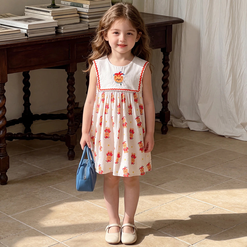 Girls Off White Sleeveless Cartoon Characters Print Flared Dress Casual Dresses