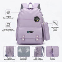 Kids Lilac Water-Resistant Medium Backpack with Pouch Trending Accessories