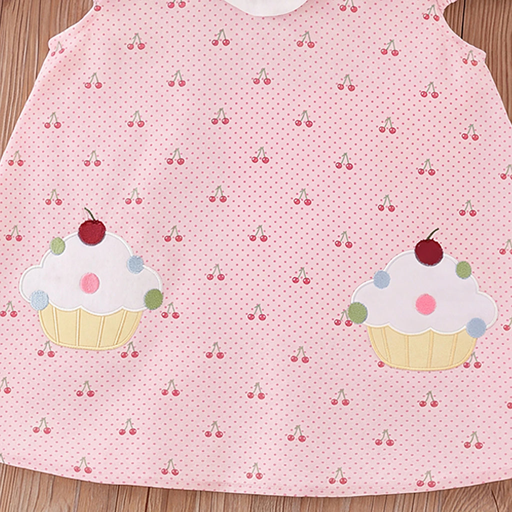 Girls Light Pink Cherry Print Peter Pan Collar A-line Dress Casual Dresses