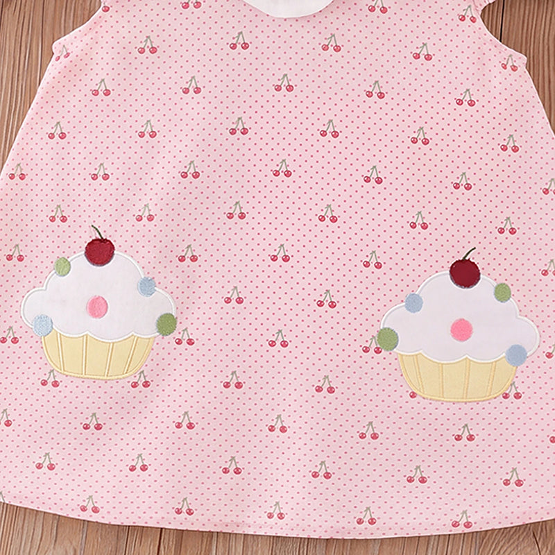 Girls Light Pink Cherry Print Peter Pan Collar A-line Dress Casual Dresses