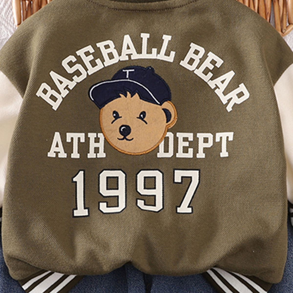 Boys Army Green Printed Varsity Jacket with T-shirt & Jeans Set Sets