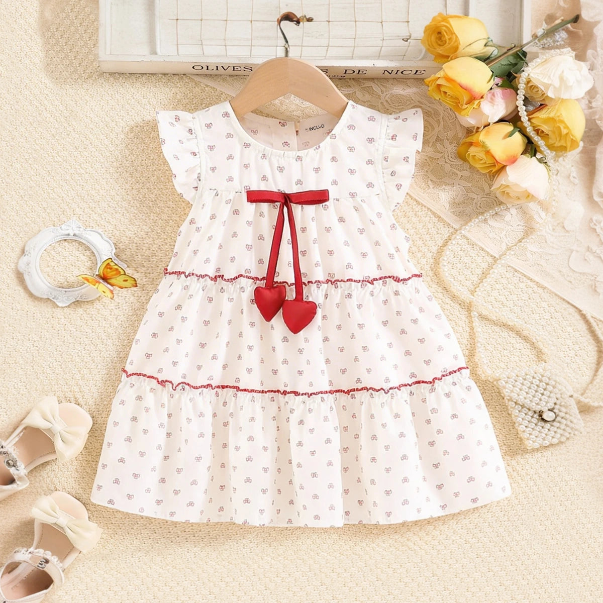 Girls White All-over Bow Printed Tiered A-line Dress Casual Dresses White 1-2 Y