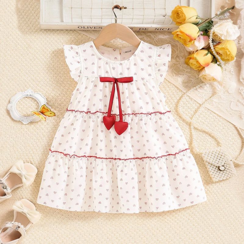 Girls White All-over Bow Printed Tiered A-line Dress Casual Dresses White 1-2 Y