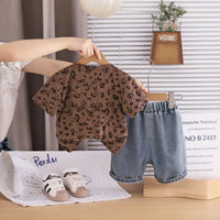 Boys Brown Leopard Distressed Print T-Shirt With Denim Shorts Sets Sets