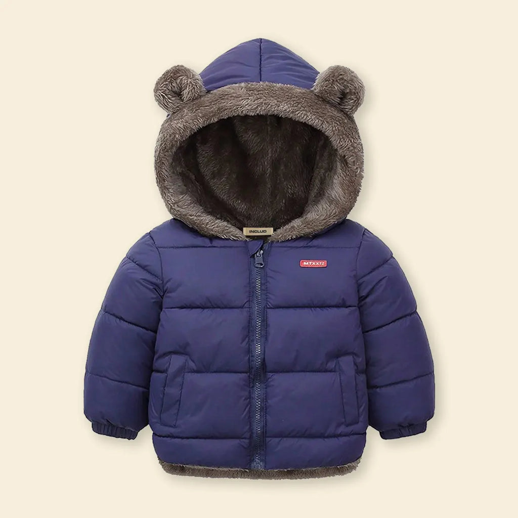 Boys Navy Blue Zip-up Puffer Jacket With Bear Ear On Hood Coats & Jackets