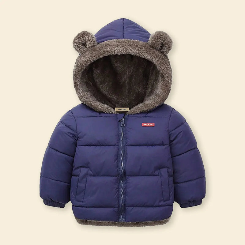 Boys Navy Blue Zip-up Puffer Jacket With Bear Ear On Hood Coats & Jackets