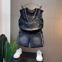 Boys Black Star Print Sleeveless T-Shirt With Denim Shorts Sets 2 pc. Sets Black 1-2 Y
