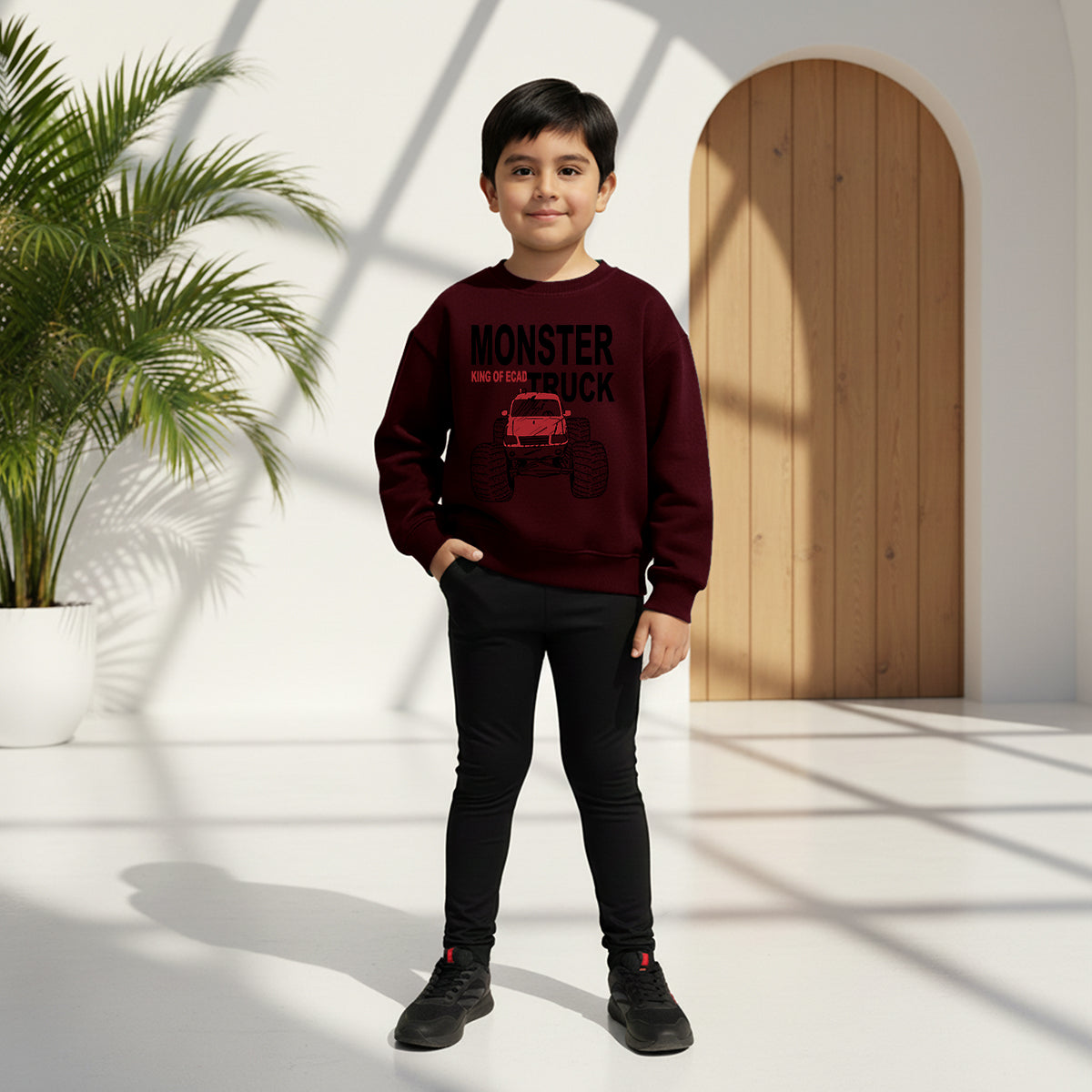 Boys Maroon Monster Truck Graphics Round Neck Sweatshirt Sweatshirts & Hoodies Maroon 3-4 Y