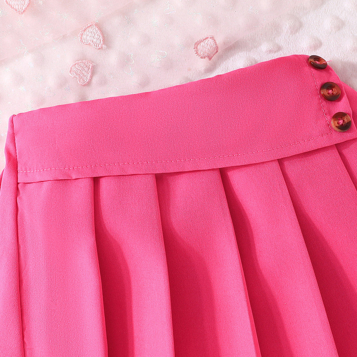 Girls Dark Pink Flower Applique Crop Top With Pleated Skirt Summer Set 2 pc. Sets