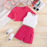 Girls Pink Mesh Short Sleeves Top With Tank Top And Shorts Set