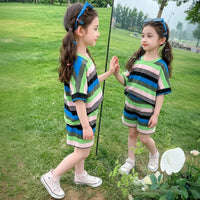 Girls Green Striped Drop Shoulder T-Shirt With Elasticated Shorts Sets Sets