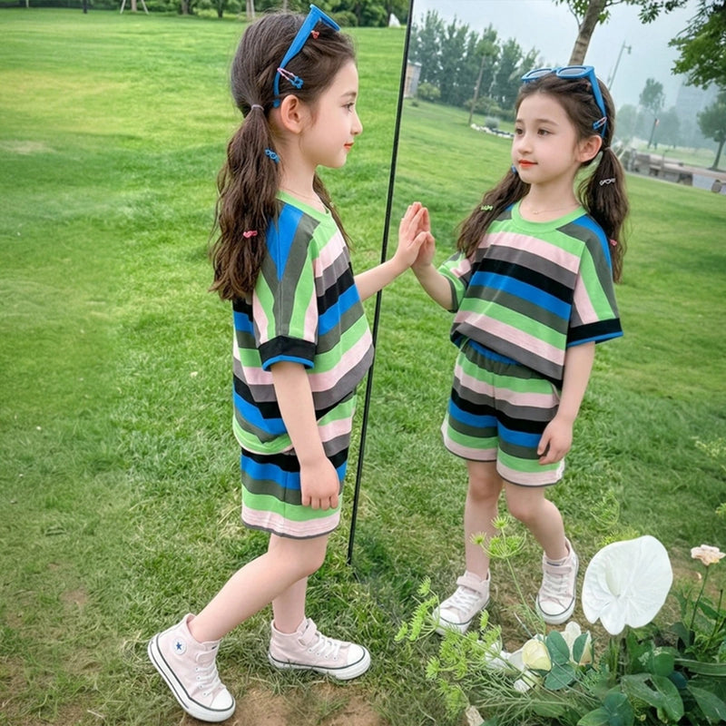 Girls Green Striped Drop Shoulder T-Shirt With Elasticated Shorts Sets Sets