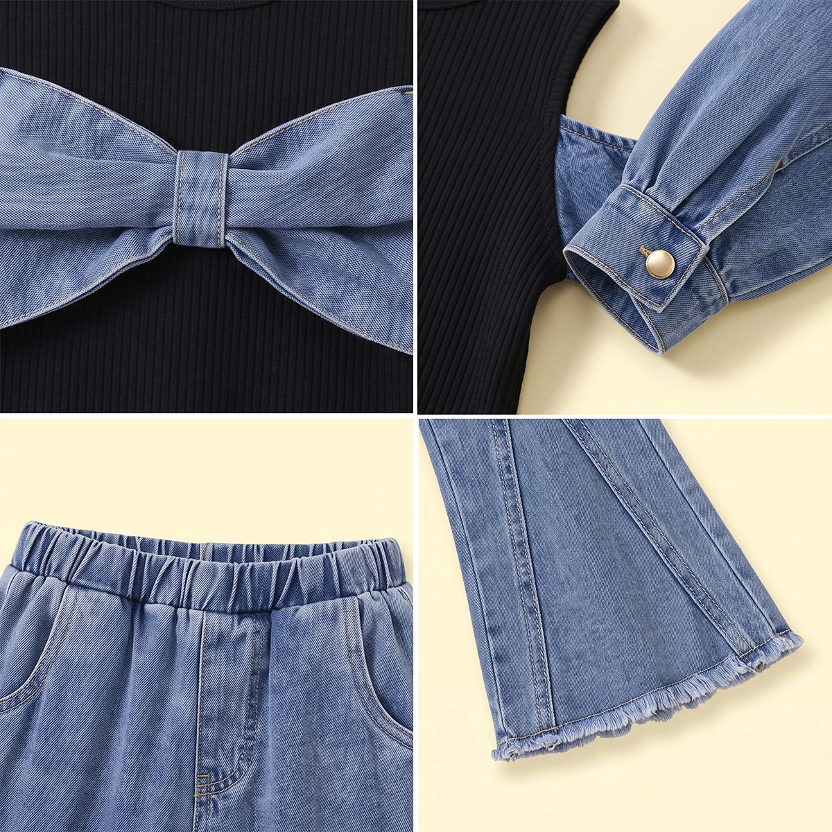 Girls Black Long Sleeve Fitted Top With Denim Pants Sets 2 pc. Sets