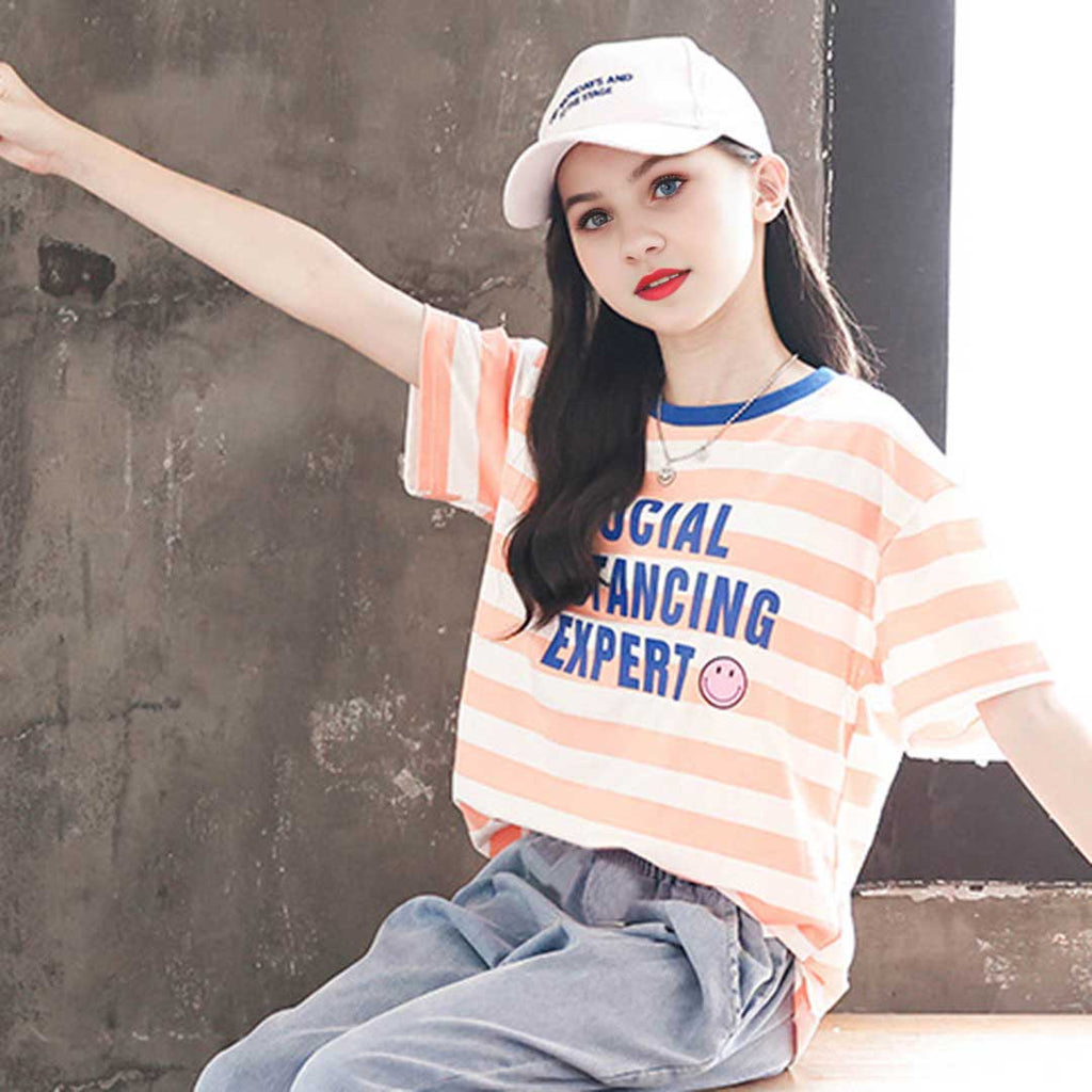 Girls Striped Alphabet Print T-Shirt With Denim Joggers Set 2 pc. Sets   