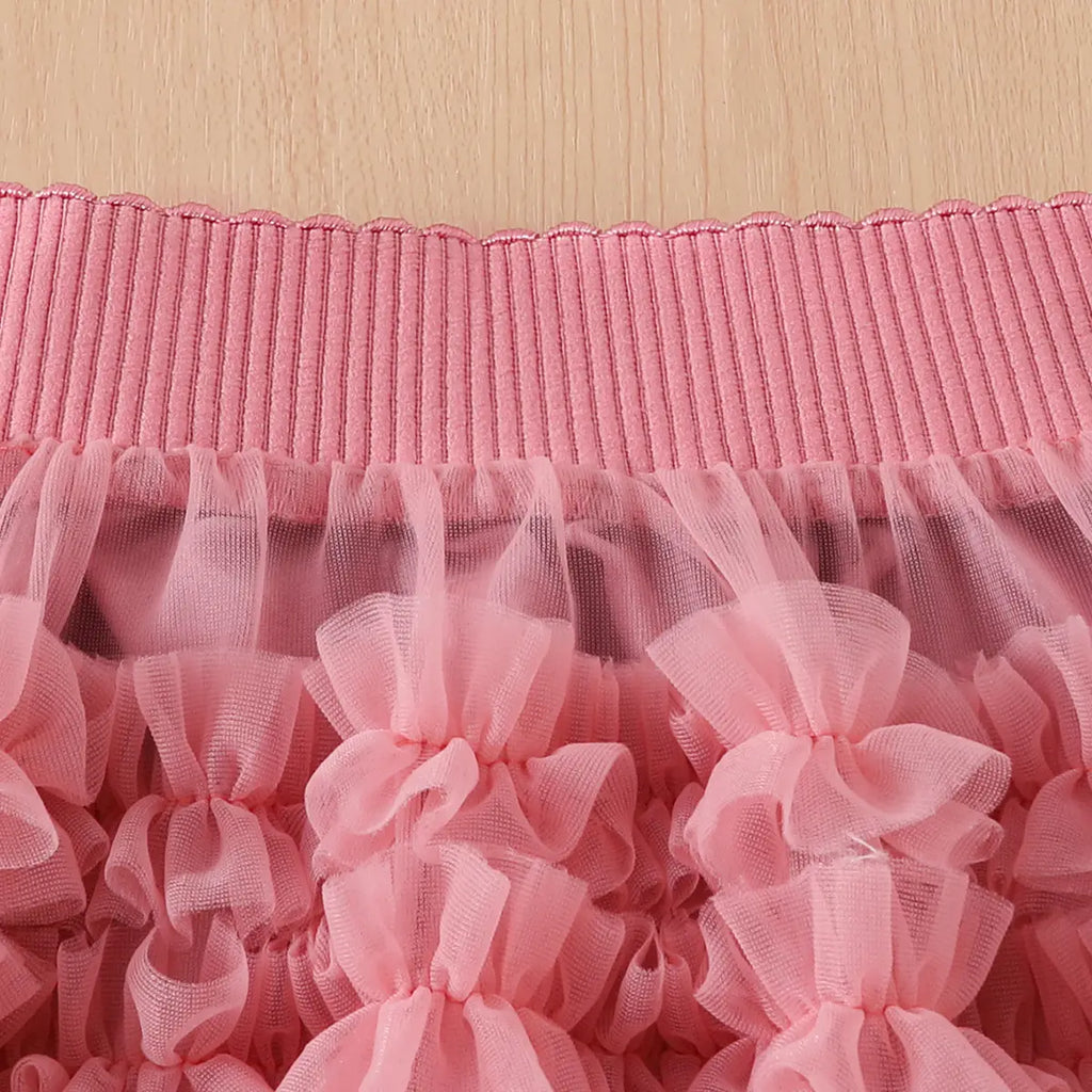 Girls Pink Cherry Print Sleeveless Top With Ruffled Tulle Skirt Sets Sets