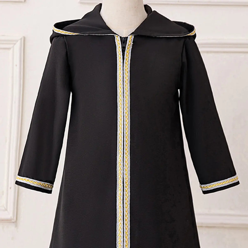 Girls Black Hooded Abaya Dress With Long Sleeves Casual Dresses