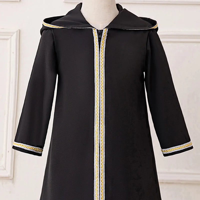 Girls Black Hooded Abaya Dress With Long Sleeves Casual Dresses