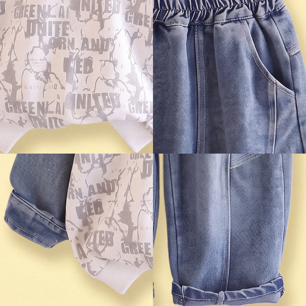 Boys White Typography Sweatshirt With Denim Pants Sets 2 pc. Sets
