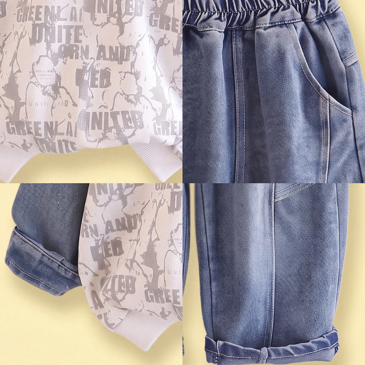 Boys White Typography Sweatshirt With Denim Pants Sets 2 pc. Sets