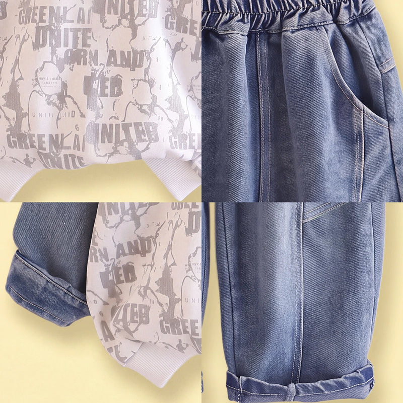Boys White Typography Sweatshirt With Denim Pants Sets 2 pc. Sets