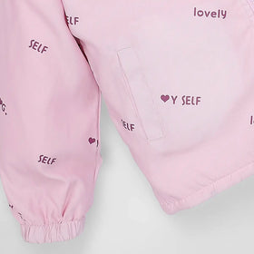 Girls Pink Typographic Printed Reversible Hooded Zipper Jacket Coats & Jackets
