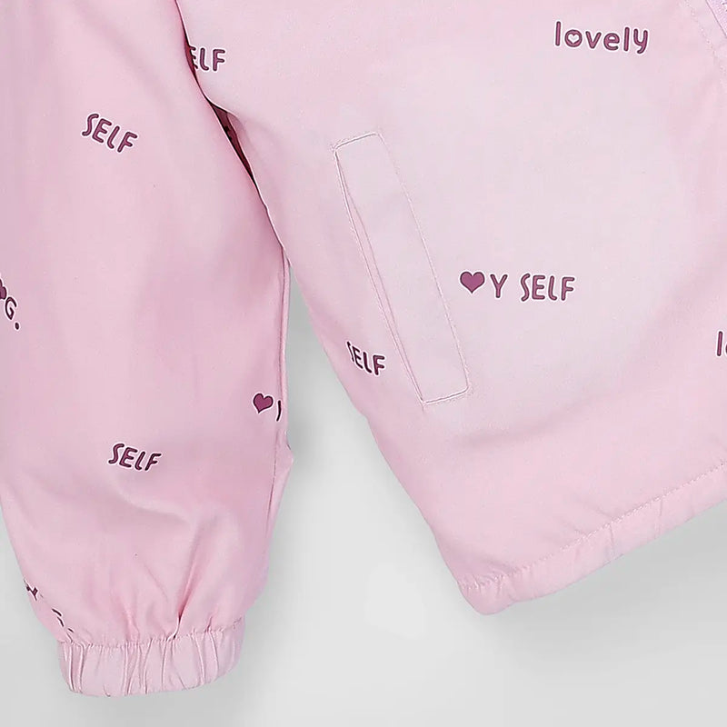Girls Pink Typographic Printed Reversible Hooded Zipper Jacket Coats & Jackets