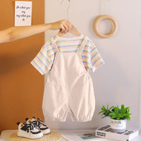 Girls Beige Toy Applique Dungaree With Short Sleeve Stripes T-Shirt Sets 2 pc. Sets