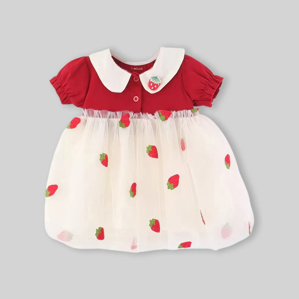 Girls Red Strawberry Embroidered Tulle Overlay Fit & Flare Dress With Puff Sleeves Casual Dresses