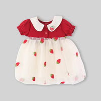 Girls Red Strawberry Embroidered Tulle Overlay Fit & Flare Dress With Puff Sleeves Casual Dresses