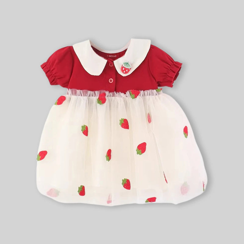 Girls Red Strawberry Embroidered Tulle Overlay Fit & Flare Dress With Puff Sleeves Casual Dresses
