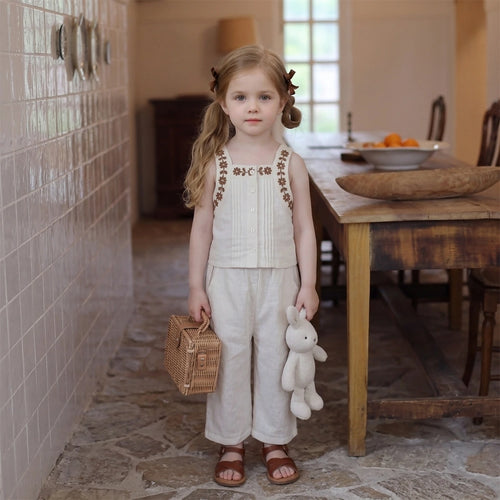 Girls Cream Sleeveless Floral Embroidered Top With Pants Sets 2 pc. Sets Cream 1-2 Y